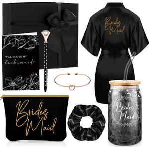 Irenare Bridesmaid Proposal Gifts Set Robes Makeup Bag Cup Cards Hair Tie Bracelet Diamond Pen Bridesmaid Gift Box(Black,8 Pcs)