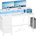 Furologee Computer Desk with 4 Fabric Drawers, 47 Inch Gaming Desk with Power Outlets and LED Lights, Home Office Desk with Full Monitor Stand and Shelf, Study Writing Desk for Bedroom, White