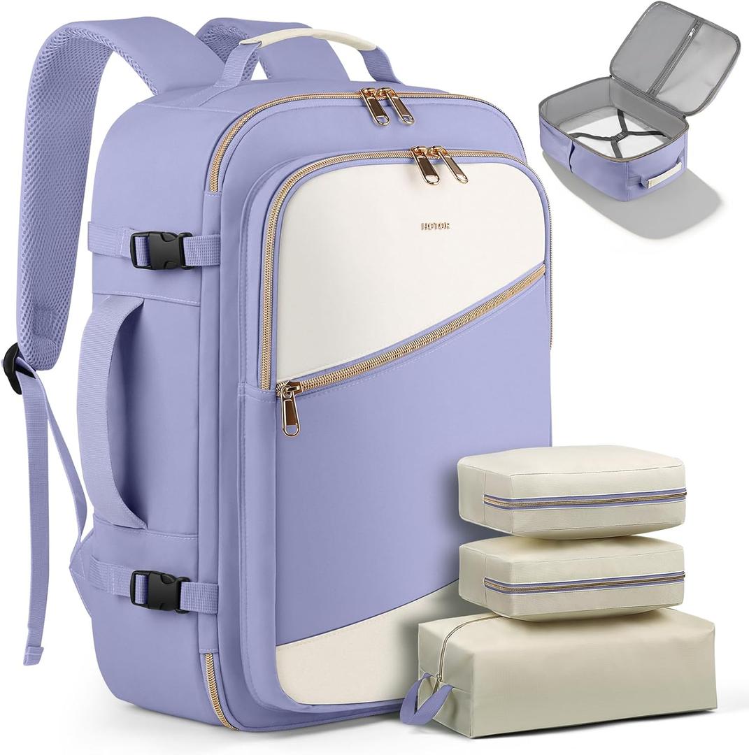 HOTOR Travel Backpack for Women TSA-Friendly Travel Bag with Multiple Compartments & 3 Packing Cubes, Water-Resistant & Comfortable, Perfect for Travel Essentials, Purple, 17.3" x 13.0" x 7.9"