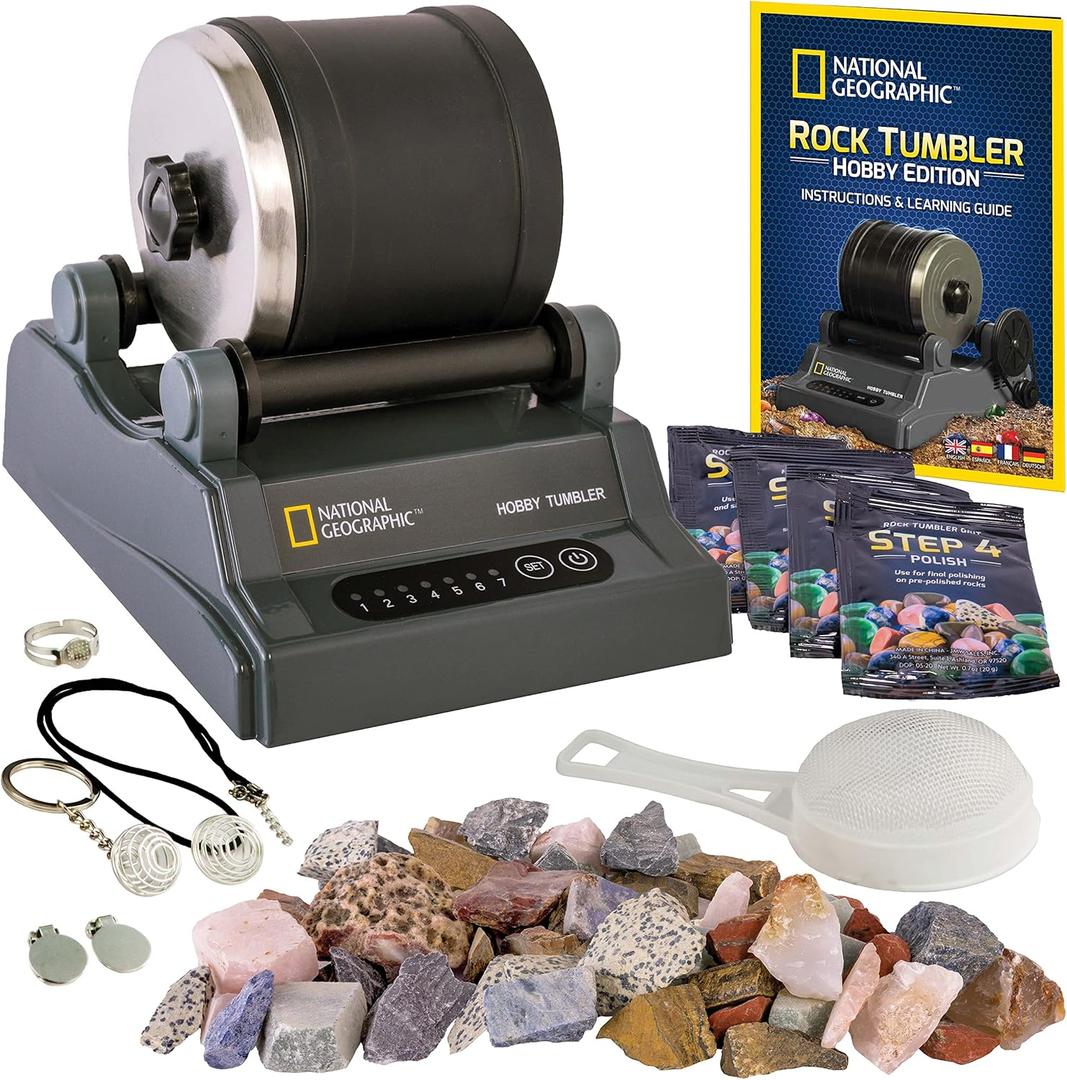 National Geographic Rock Tumbler Kit  Hobby Edition Includes Rough Gemstones, and 4 Polishing Grits, Great STEM Science Kit for Geology Enthusiasts, Rock Polisher for Kids and Adults