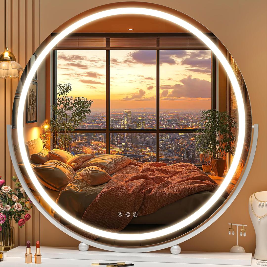Hasipu Vanity Mirror with Lights, 27.6" LED Big Makeup Mirror, Lighted Makeup Mirror with Lights, Smart Touch Control 3 Colors Dimmable Round Mirror 360Rotation White