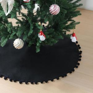 Nonwoven Christmas Tree Skirt, 24 inch Xmas Tree Skirt with Black Pom Poms, Seasonal Holiday Indoor Decoration(Black, 24 inch)