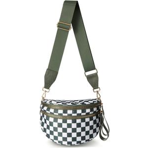Spacious Crossbody Bag Nylon Bum Bag for Women Fanny Packs Handbags with Adjustable Straps (Bean Green Checkered)
