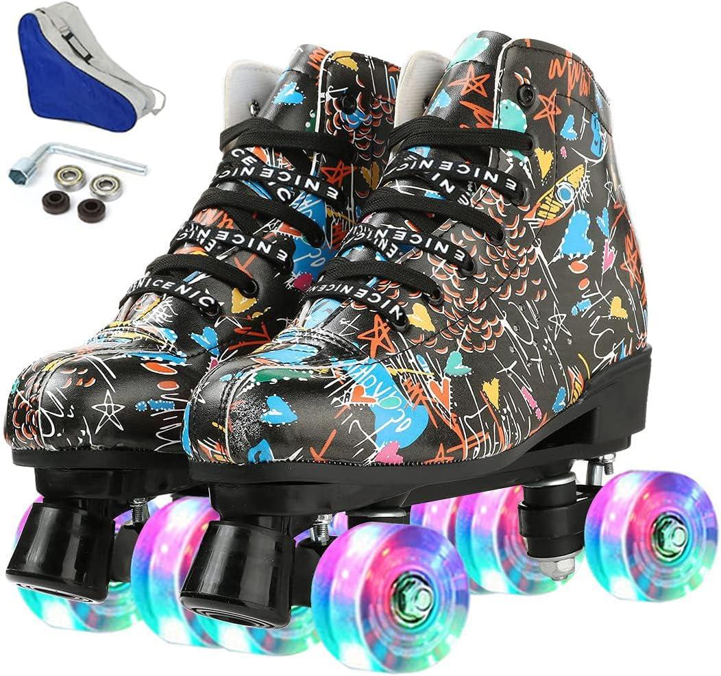 Silvertree Roller Skates for Women and Men PU Leather High-top Adult Roller Derby Skate Wheels Light Up Roller Skate Four-Wheel Shiny Roller Skates Unisex (US:9, black flash wheel)