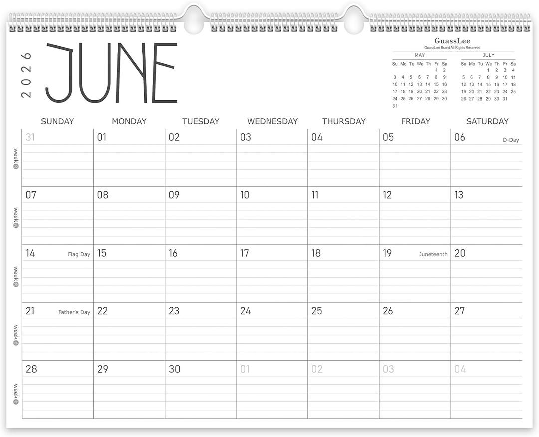 Guasslee Large Wall Calendar 2026-2027, 12 Monthly Calendar from 2026 June-May 2027 Jumbo 22"x17" Hanging Desk/Wall Planner with Spiral Bound for School Home Office Organizing