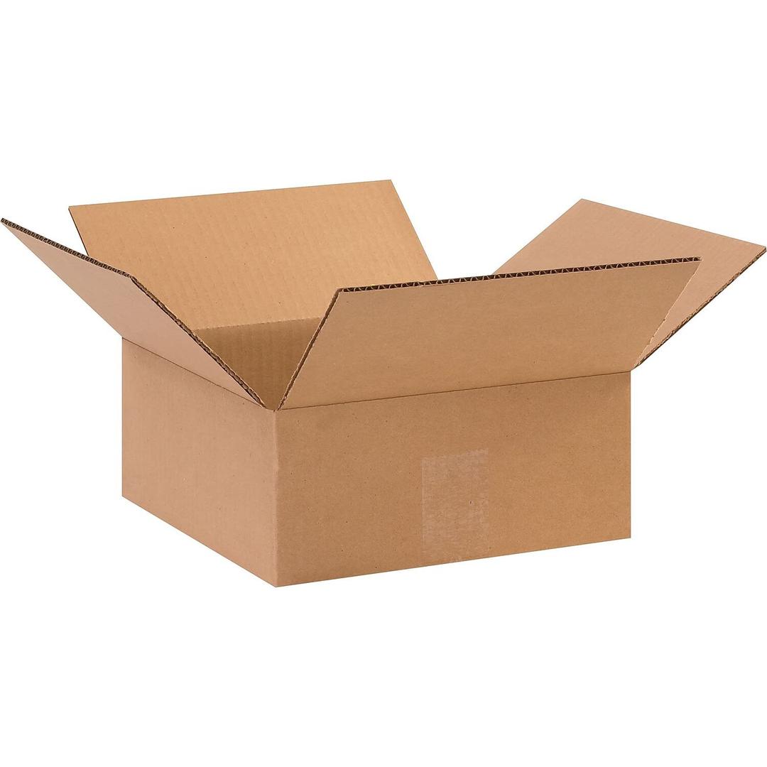 BOX USA 10104 Flat Corrugated Cardboard Box 10" L x 10" W x 4" H, Kraft, For Shipping, Packing and Moving (Pack of 25)