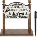 Pinkunn Wooden Christmas Village Sign with Pen, Welcome to Our Village Sign, Christmas Decoration Accessories, Mini Wooden Miniature Family Xmas Decor, 5 x 5 Inch