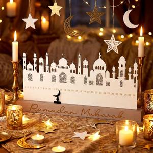 Leinuosen Ramadan Wooden Countdown Calendar Eid Mubarak Ramadan Mubarak Advent Calendar Eid Islamic Countdown Table Decoration for Muslim Festivities Decoration Gift(Modern)