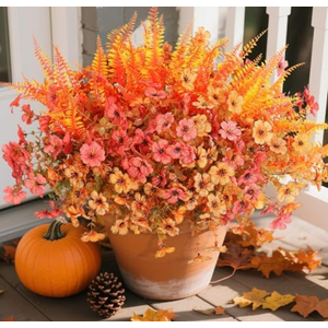 Pack of 3, HyeFlora Artificial Fall Flowers Fake Mums Plants for Outdoors Decoration, 14 Bundles Faux Silk Daisy and Ferns UV Resistant Autumn Fake Planter for Home Porch Patio Yard Window Box