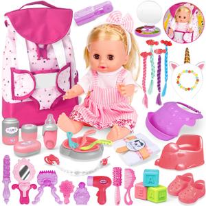 PROOU Baby Care Doll Toys Set, 36PCS Dolls Playset, Hair Salon Pretend Play Toddler Doll Toys Incl 14'' Baby Dolls Toy, Backpack, Hair Dryer, Curler, Xmas Gifts for Age 3 4 5 6+ Years Old Girls Kids