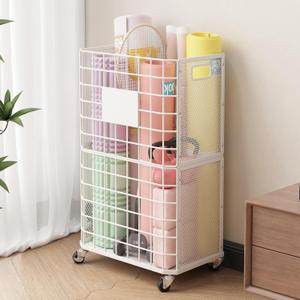 UMDONX Yoga Mat Storage Rack with Wheels – Metal Rolling Organizer Basket with Handles, Breathable Mesh Steel Rack for Yoga Mats, Towels, Blankets, White