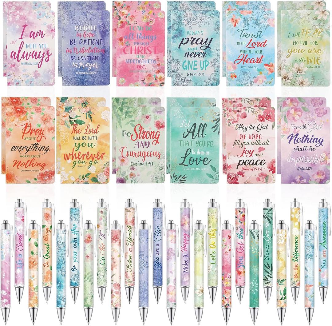 Maritown 48PCS Bible Verse Pens with Christian Notepads Inspirational Quotes Pens Flower Scripture Ballpoint Pens for Women Student Religious Easter Gifts for School Office (Gouache Flowers, 48)