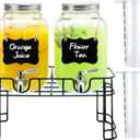 1 Gallon Glass Drink Dispensers for Parties, 2PACK Beverage Dispenser with Stand, Ice Cylinder and Stainless Steel Spigot 100% Leakproof, Beverage Dispenser for Lemonade Sun Tea