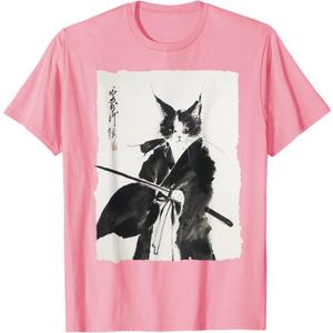 Samurai Cat Warrior Ink - Japanese Art Feline Katana T-Shirt, XL