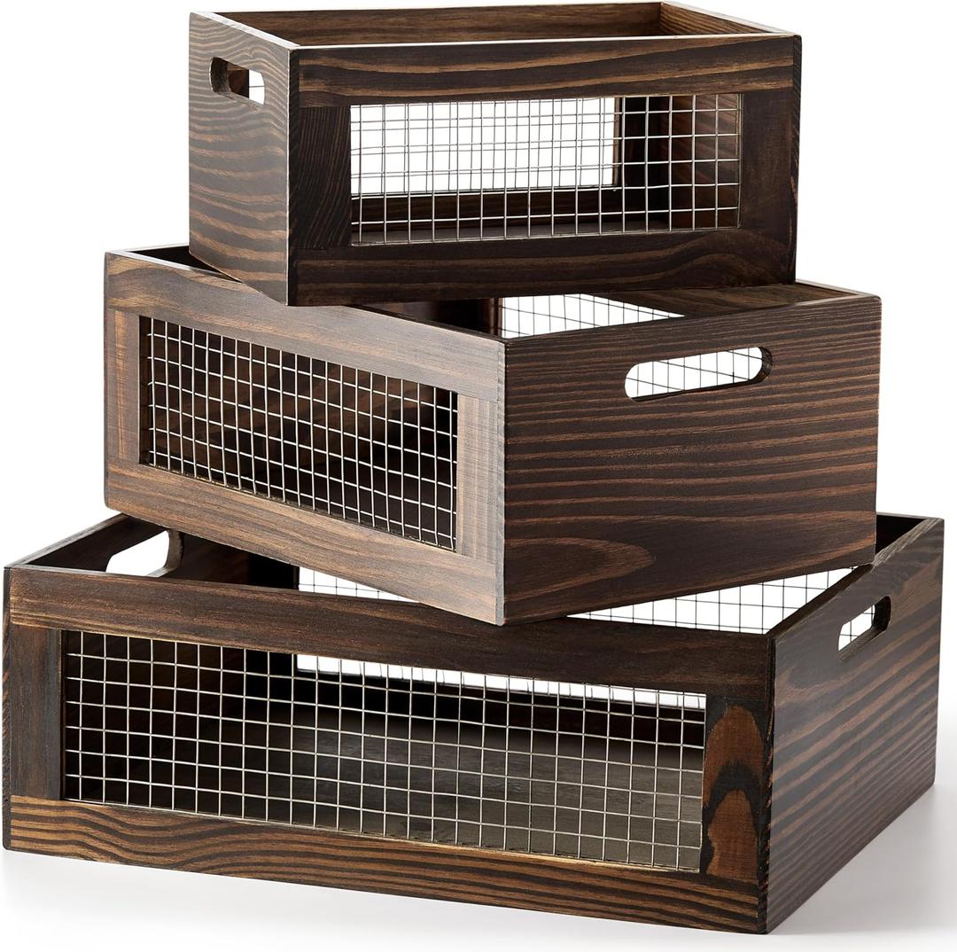 Set of 3 Extra Large Wooden Nesting Countertop Baskets, Rustic Wood Storage Organizer for Kitchen, Pantry or Bathroom Fruit, Vegetables, Bread Crates with Handles (Largest 16")