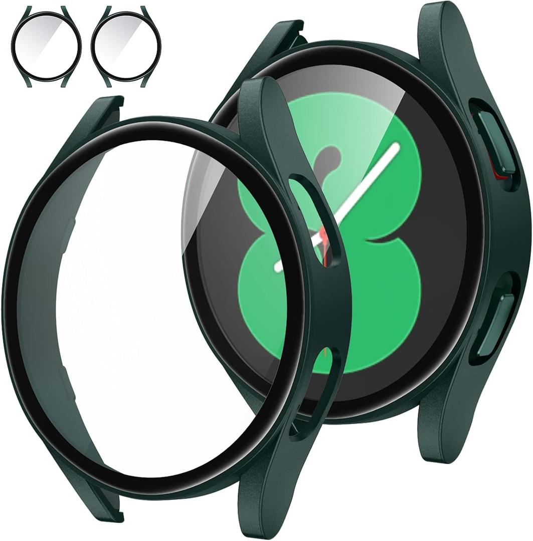 Tensea [2Pack for Samsung Galaxy Watch 5 2022/4 2021 Screen Protector Case 44mm Accessories, Protective Face Cover Built-in Tempered Glass Film Bumper Case (44mm, Green)