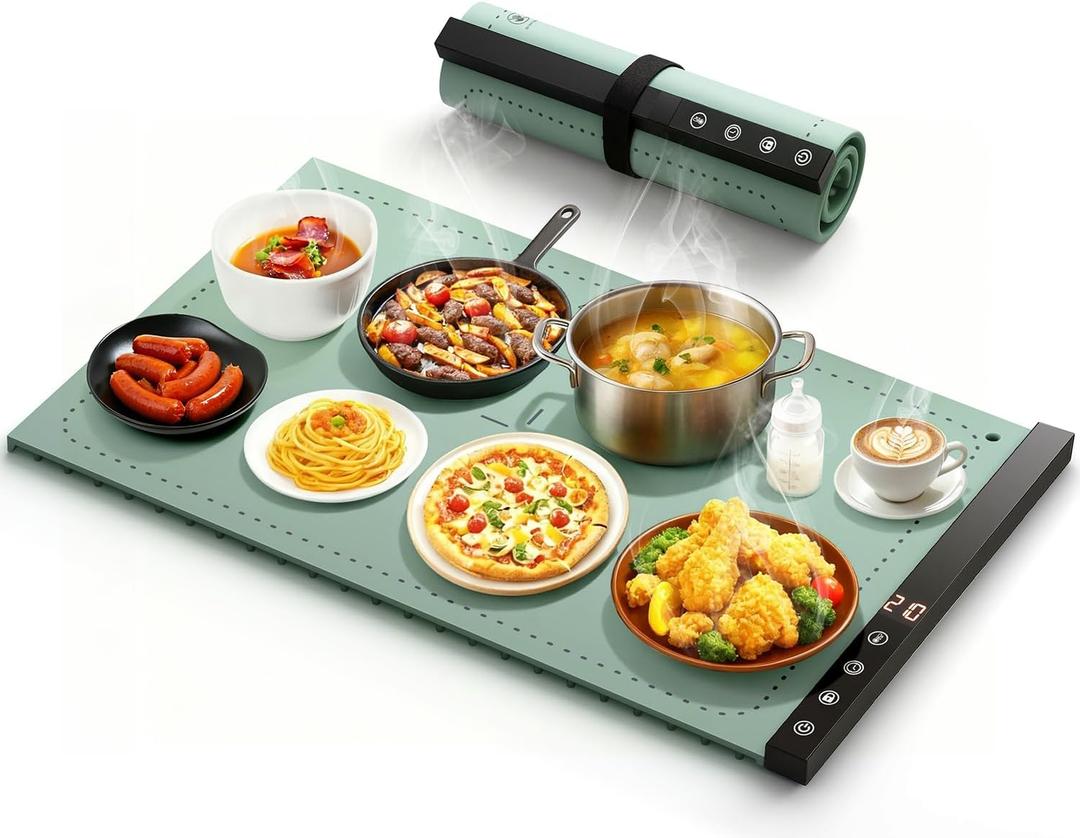 Warming Mat for Food - Full Surface Rapid Heating, Rollable & Portable Food Warmer Mat with 6 Temperature Settings and 1-4 hours adjustable Timer, Silicone Heating Mat for Party Buffet (Grayish green)