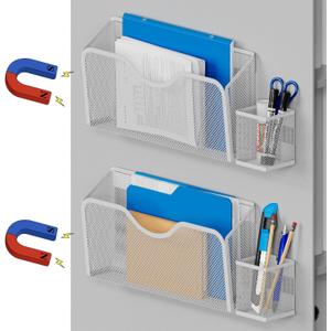 JANE EYRE Magnetic File Holder - 2pcs Hanging File Organizer Magazine Document Paper Holders with 2pcs Pen Holders for Classroom Cabinets Office,No Drilling(WHITE)