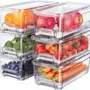 6-Pack Refrigerator Drawer Organizer Bins, Clear Stackable Pull Out Fridge Organizers and Storage Container, with Strainer Layer for Fruits, Vegetables, Drinks, Snack and Food