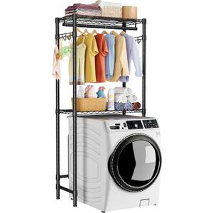 Over Washer and Dryer Shelves,2 Tier Adjustable Height Wire Shelving Laundry Room Storage Organization Clothes Drying Rack with Hanger Rod&Hooks,Space Saving Organizers Shelf,Black (13.5D x 29.5W x 72H)
