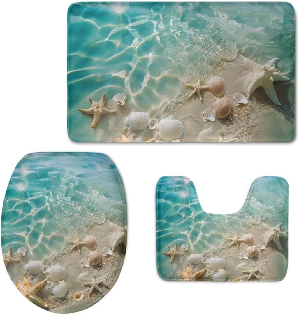 Flashideas Starfish Shell 3 Piece Bathroom Rug Set Non Slip Contour Mat Toilet Lid Cover and Bath Rug Absorbent Bath Mat Set Bath Mats Shower Mats Bath Rug Mat for Tub Toilet Bathroom