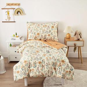 Wake In Cloud - Floral Toddler Bedding Set for Girls, Cute Colorful Botanical Flowers, 4 Pieces Soft Crib Bed Set Including Comforter, Sheets and Pillowcase, Orange Cream