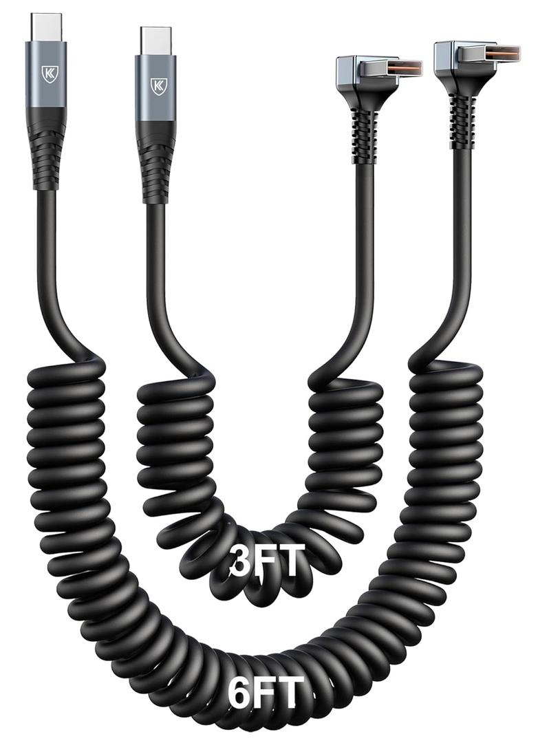 90 Degree USB A to USB C Cable Coiled, 3FT&6FT USB C Cable 3A Fast Charging, USB Type C Cable for Car Compatible with iPhone 17/16/15/Samsung Galaxy S20 S10 S9 S8 Plus Note 10 and More USB C Devices (Grey)