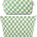 SOIDRAM 2 Pcs Checkered Makeup Bag Large Cosmetic Bag Toiletry Bag Makeup Pouch Travel Bag Organizer Cute Makeup Brushes Aesthetic Accessories Storage Bag for Women Green