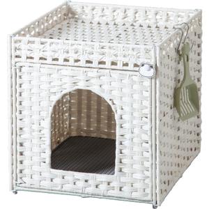 SETVSON Cat Litter Box Enclosure Furniture, Hidden Litter Box with Mat and Fence, Handwoven Rattan Cat House with Two S-Shaped Hooks for Living Room, Bedroom, 18.5 x 20.5 x 19.1 Inches (White