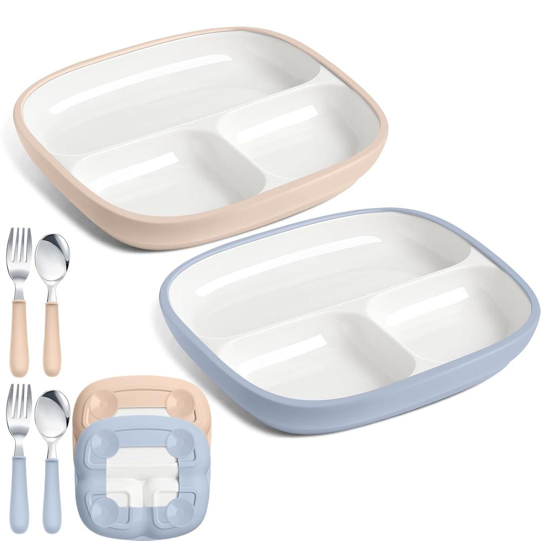 Teenyyou 2 Pcs 8.2" Large Kids Porcelain Plates with Silicone Sleeves Toddlers Divided Plates Extra Deep White Porcelain Dishes 2 Pack Spoons and Forks Set Microwave Dishwasher Friendly(Blue, Beige)
