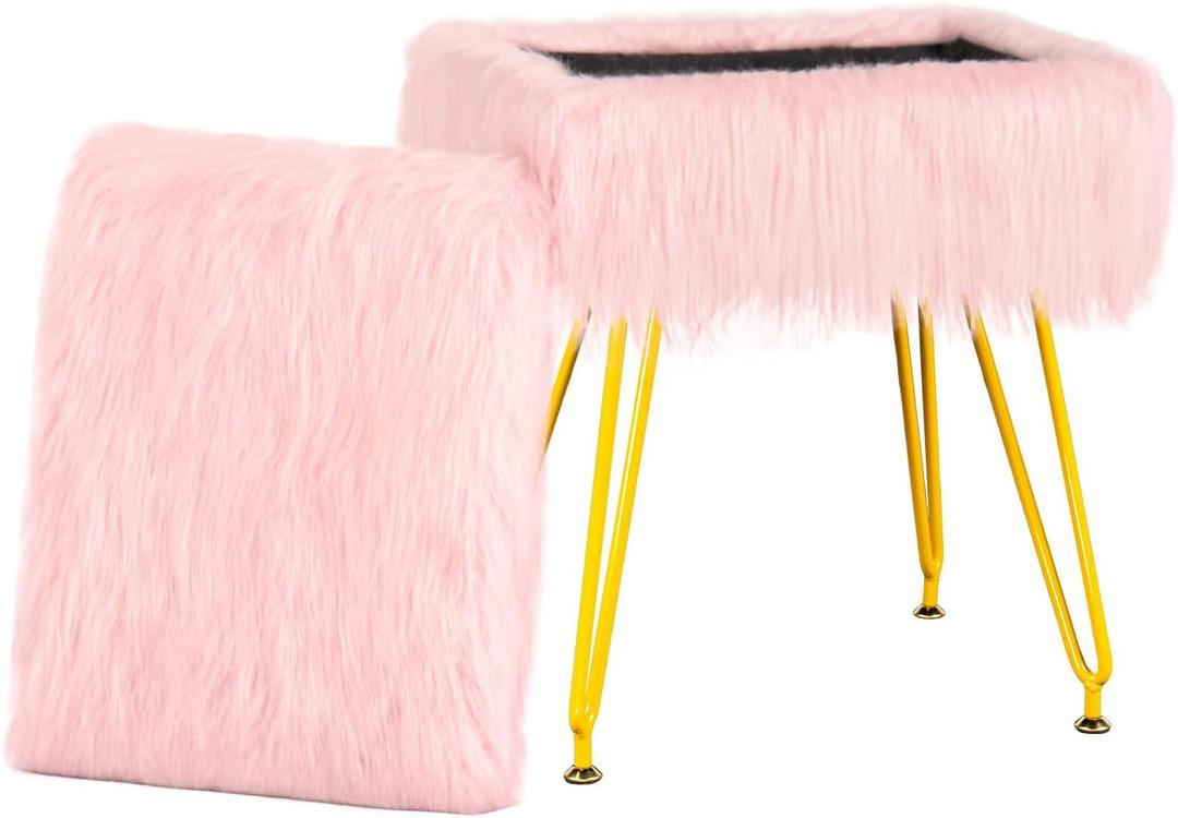 Vanity Stool Chair with Storage, Soft Ottoman Seat Vanity Stool with Anti-Slip Feet, Fluffy Padded Seat Multifunctional Footrest Side Table with 4 Metal Legs for Makeup, Bedroom, Dorm, Pink (Rectangular-pink/Golden)