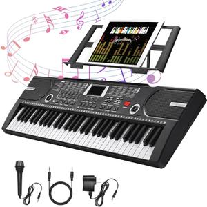 61 Key Keyboard Piano, Portable Electronic Keyboard Piano for Beginners with Speakers, Microphone, Sheet Music Stand, 100 Voices, 100 Rhythms, Digital Music Keyboard Built-In Speakers