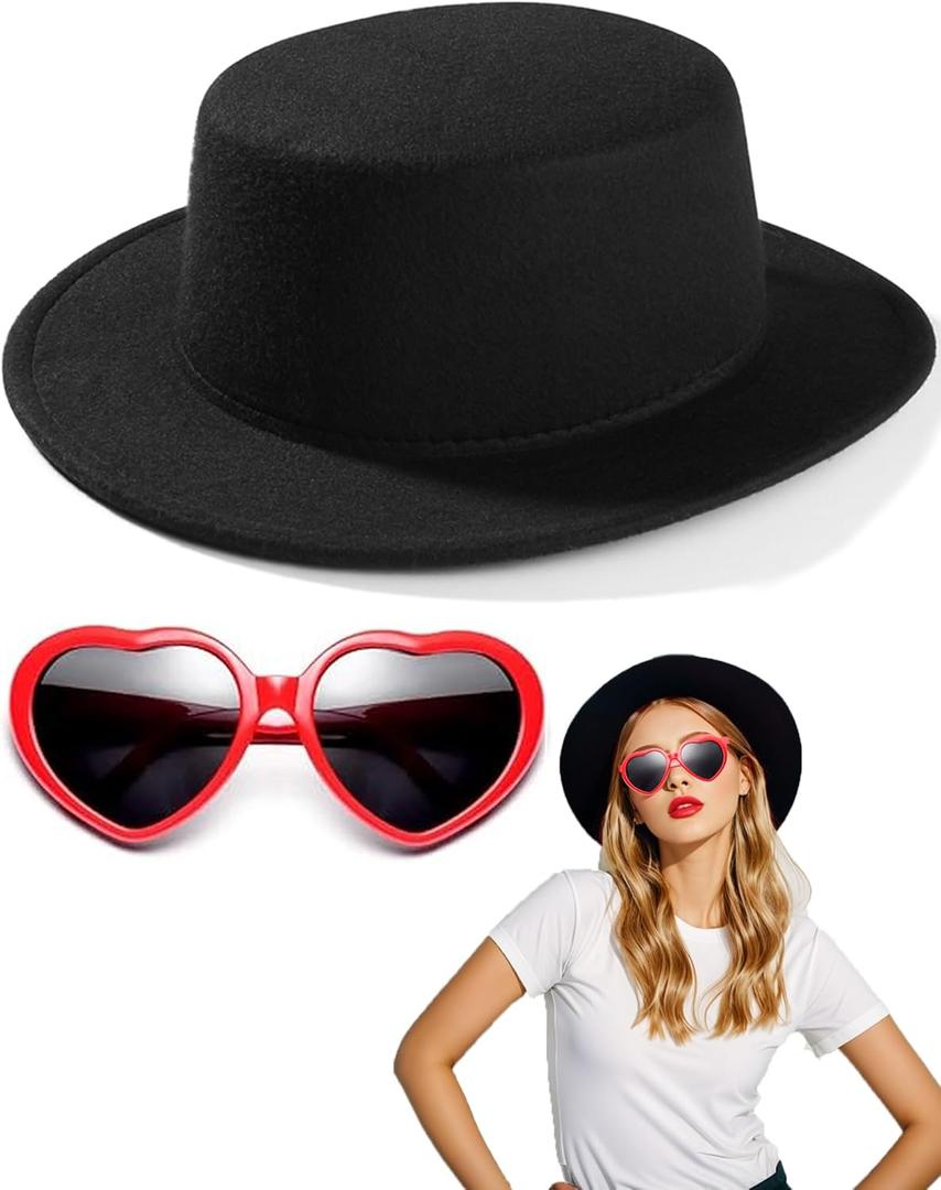 Black Fedora Hats Red Heart Sunglasses Costume for Women and Men, Fashion Flat Wide Brim Round Hats