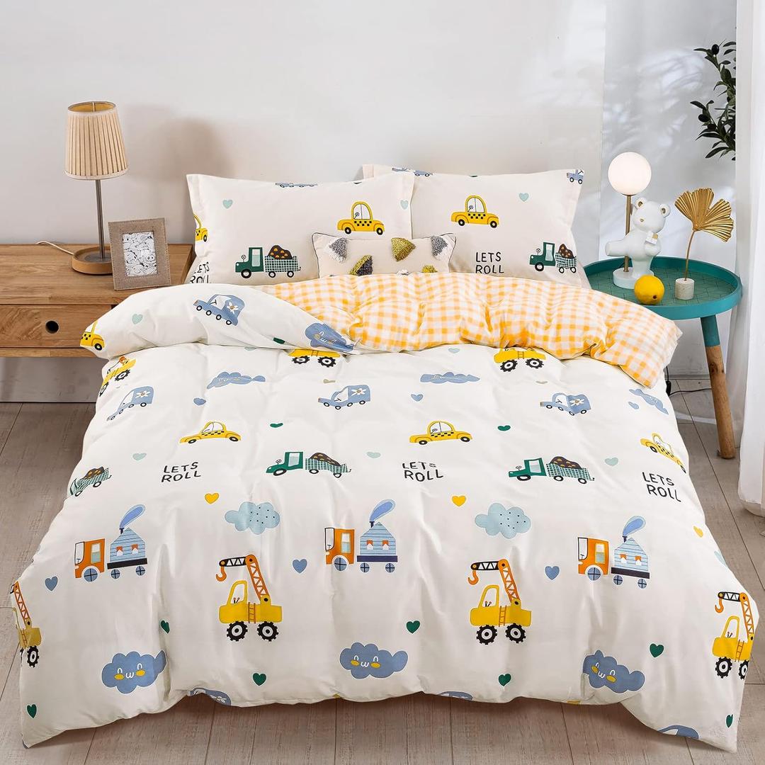 Kids Duvet Cover Set Twin, Cotton Cartoon Car Truck Bedding Set for Boys Girls, 2 Pieces Soft Breathable White Yellow Plaid Reversible Comforter Cover Set (1 Duvet Cover+1 Pillowcase)