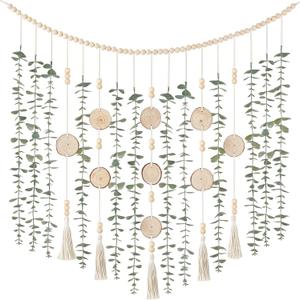 Dahey Hanging Artificial Plant Eucalyptus Wall Decor 43'' Wooden Bead Garland with Fake Greenery Leaves Boho Rustic Farmhouse Wall Art for Living Dining Room Bathroom Bedroom Kitchen Decoration