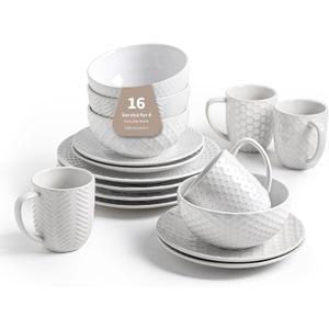 16-Piece Ceramic Dinnerware Set with Mugs,Plates and Bowls Set for 4 with Coffee Mugs,Elegant Dish Set for Everyday Dining (Mixed Embossment)