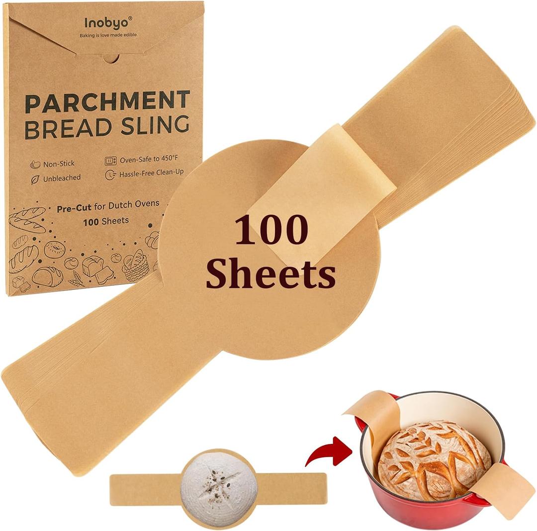 Parchment Paper Bread Sling for Sourdough Baking, Pre-Cut Unbleached Parchment Liner for Dutch Oven, Baking Supplies for Bakers, Non-Stick Sour Dough Transfer (100 Sheets, Round)