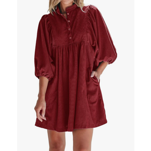 Opemiby Womens Casual Dresses Corduroy Button Up Empire Waist 3/4 Sleeve Fall Winter Mini Babydoll Dress, Large
