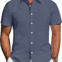 J.VER Mens Short Sleeve Button Down Shirt Stretch Business Casual Dress Shirts Solid Summer Wedding Prom Tops (Large, Grey Blue)