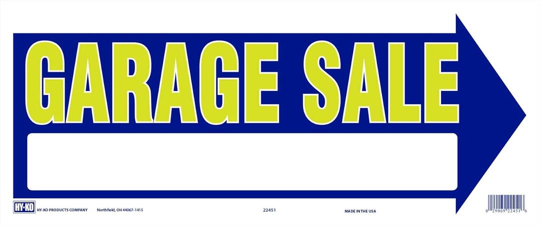 HY-KO Products 22451 Garage Sale Arrow Plastic Sign, 9" x 18", Neon Yellow/Blue