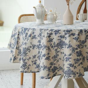 Pastoral Round Tablecloth - 60 Inch Dia. - Beige Linen Table Cloth - Washable Table Cover with Dust-Proof Wrinkle Resistant for Restaurant, Picnic, Indoor and Outdoor Dining, Floral (Dark Blue)
