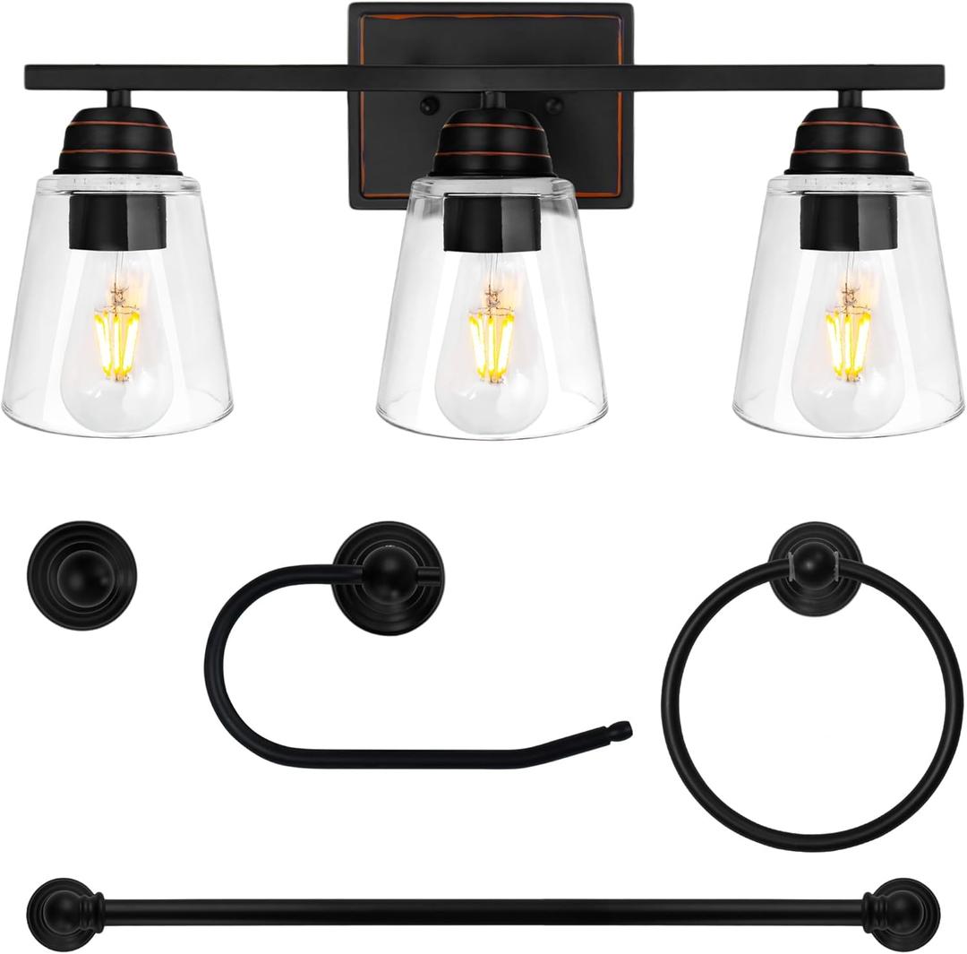 hykolity 3-Light Vanity Light Fixture, 5-Piece All-in-One Bathroom Set with Towel Bar, Ring, Robe Hook & Toilet Paper Holder for Bathroom Mirror Lighting, Oil Rubbed Bronze Wall Light with Glass Shade