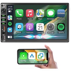 7 Inch Double Din Car Stereo for Wireless Carplay & Android Auto, Car Audio with 1024 * 600 HD Touch Screen  Mirror Link, Bluetooth5.2,2USB/AUX/TF,AM/FM Radio