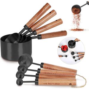 8-Piece Black Measuring Cups and Spoons Set, Stainless Steel Kitchen Measuring Set with Acacia Wood Handles for Baking and Cooking