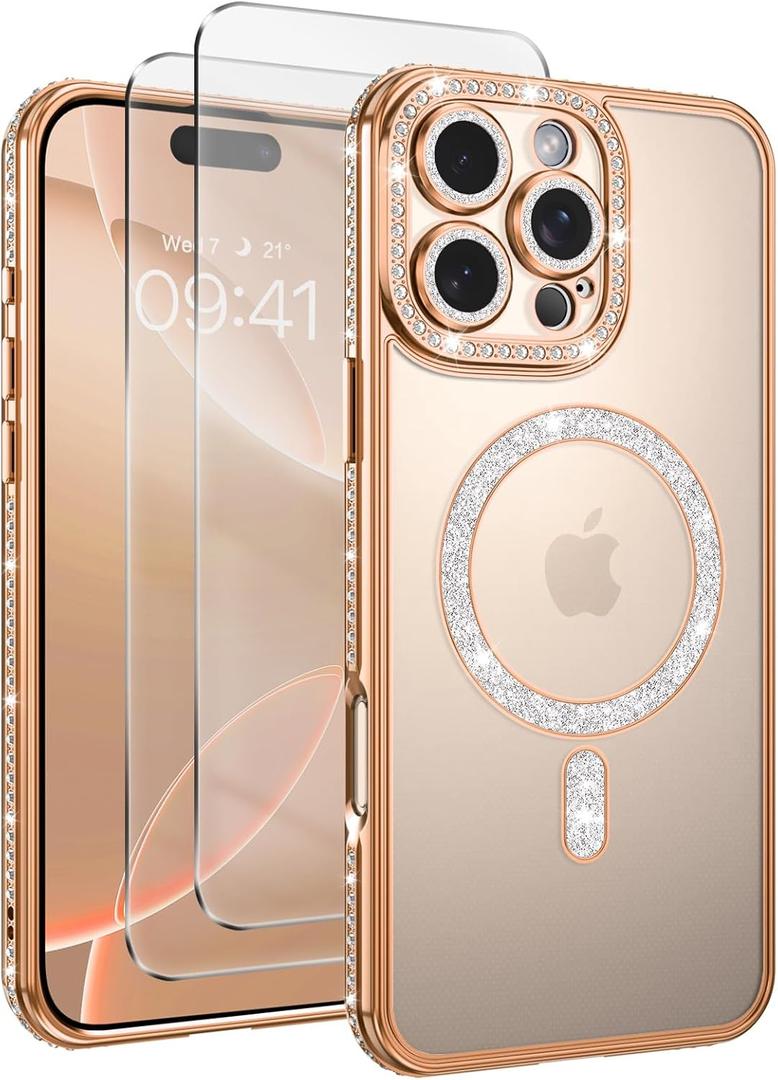 DOMAVER Desert Titanium for iPhone 16 Pro Max Case Glitter with 2X Screen Protector [Fit for MagSafe] Cute Girly Bling Diamond Phone Case Built-in Camera Lens Protector, Military Protection Cover