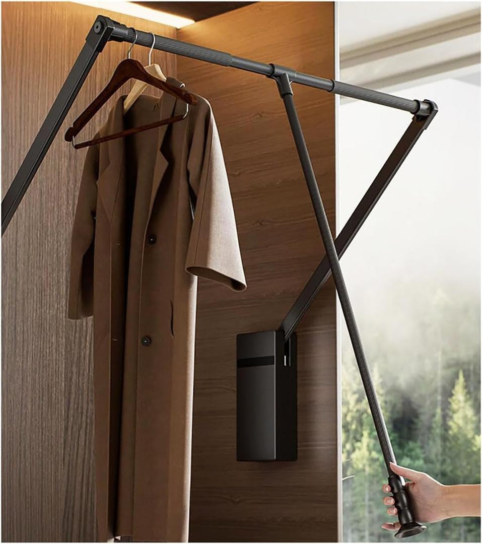 Pull Down Closet Rod for Hanging Clothes, Retractable Wardrobe Hanger for Cabinet Inside Width 21.6"~26", Aluminium alloy Tubing with Plastic Housing, 44 lb Weight Rating (Black)