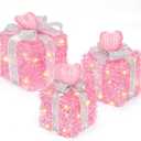 Timer & 8 Mode 3 Pack Pink Valentines Decorations Valentines Lighted Gift Boxes with Hearts Glitter Bow 60 LED Battery Operated Present Box Tree Skirt Pink Decor Room Wedding Valentines Gifts