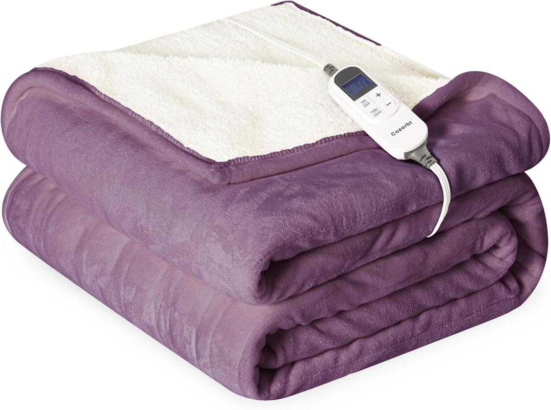 Heat Blanket 50x60 Throw, Soft Flannel & Sherpa Reversible Electric Blanket with 10 Heat Settings,12 Timer Setting and 3 Hours Auto-Shut Off, ETL Certified Machine Washable, Purple