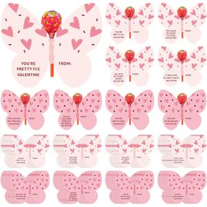 Tenceur 48 Pack Valentine Lollipop Candy Cards Holder 3.94 x 4.72 Inches Cute Pink Butterfly Valentines Exchange Cards for Classroom Exchange Gifts School Party Favors, Not Include Lollipops