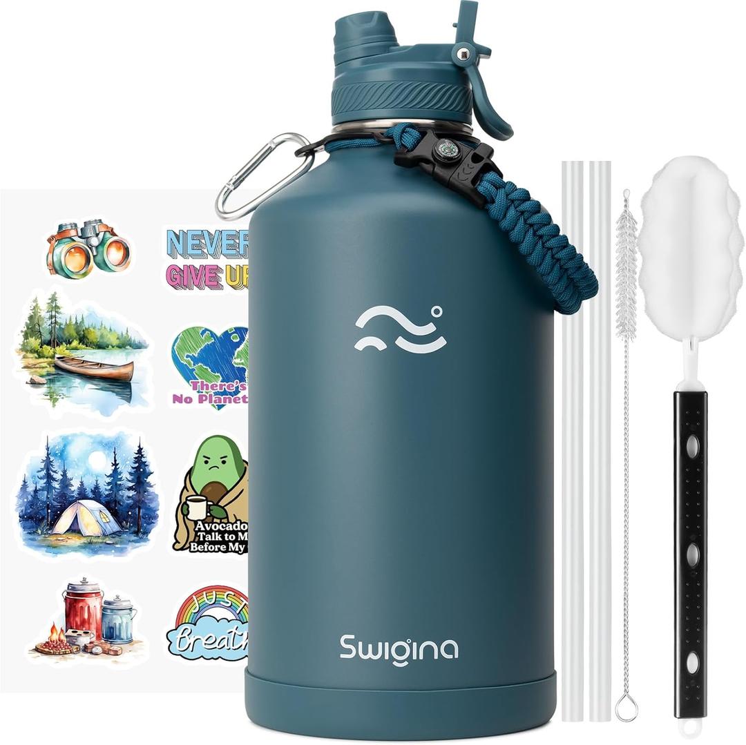 Swigina [2IN1 LID] Gallon Insulated Water Bottle with Silicone Boot (48hrs Cold/24hrs Hot)  DIY Stickers, Leakproof, BPA Free, 128 oz